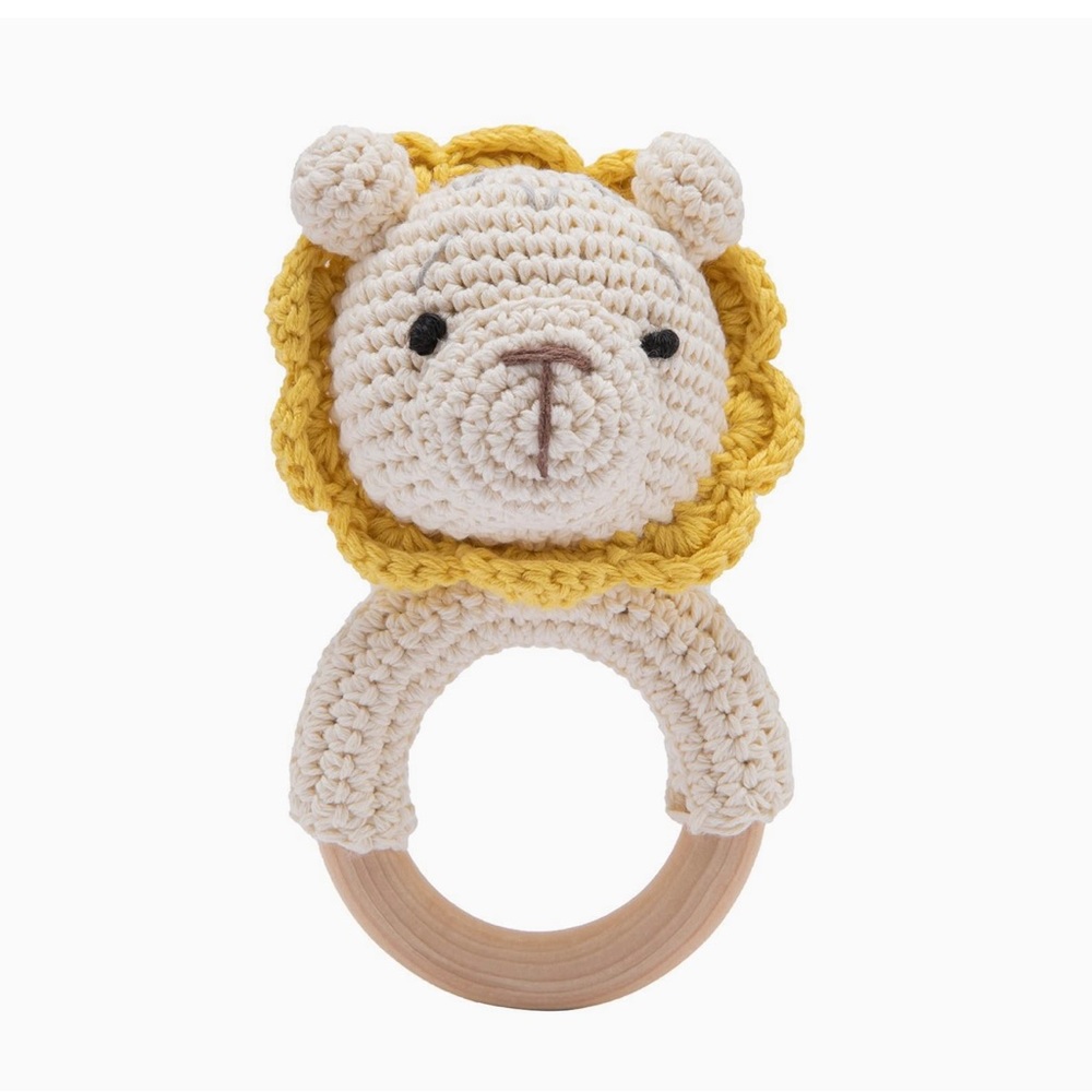 Wooden Rattle for Baby Brain Development, Crochet Lion Wood Baby Rattle, Cute.